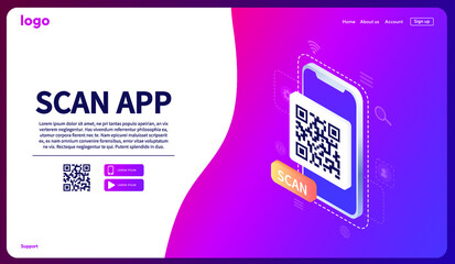 Isometric Smartphone scanning qr code. Download page of the mobile app. Web banner. Concept web design, website page development. Qr code verification landing page. Template