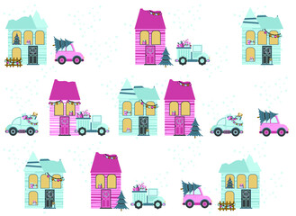  Christmas tree and toy car. Vector pattern. Fir-tree forest. 