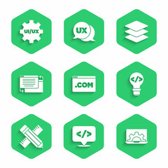 Set UI or UX design, Front end development, Web, Crossed ruler and pencil, Layers and icon. Vector