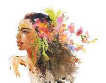 Hand Drawn Young African Woman With Orchid, Tropical Flowers. Watercolor Fashion Portrait On White Background. Painting Realistic Illustration.