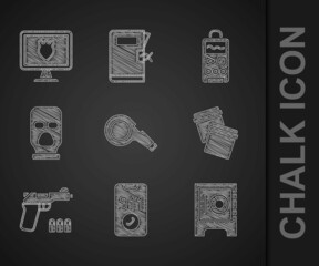 Wall Mural - Set Whistle, Telephone call 911, Safe, Plastic bag with ziplock, Pistol or gun, Balaclava, Dictaphone and Police database icon. Vector