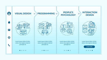 User experience design onboarding vector template. Responsive mobile website with icons. Web page walkthrough 4 step screens. Interaction, visual design color concept with linear illustrations