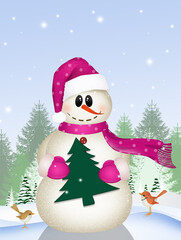 Sticker - illustration of funny snowman in winter landscape