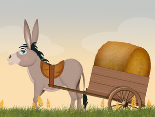 Poster - donkey pulling the cart in the countryside