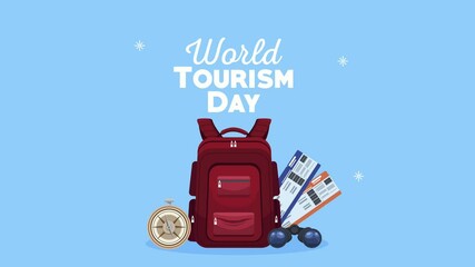 Wall Mural - world tourism day lettering with compass and travelbag