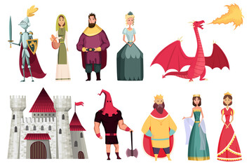 Wall Mural - Medieval kingdom characters of middle ages historic period  Illustrations. Peoples set. Kings queens knight jester castle fortress and dragon