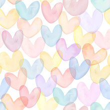 Vector Gradient Mesh Watercolor Drawing Multi Colors Overlapping Heart Shapes Seamless Pattern In Pastel Pink And Yellow.	
