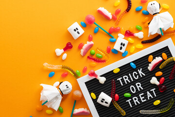 Trick or Treat letter board, halloween decorations, candies on orange background. Flat lay, top view, overhead.