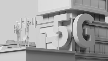 Wall Mural - 3d render of a white building with antenna and 5g symbol on the edge of the walls. detail 3d render.