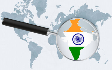 Wall Mural - World map with a magnifying glass pointing at India. Map of India with the flag in the loop.