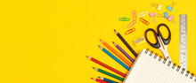 Concept Of Education Top View  Notebooks And Accessories Stationery In The Library At School Yellow Background