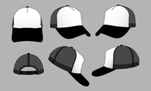Black-White Mesh Trucker Style Cap With Adjustable Snap Back Strap Design On Gray Background, Vector File