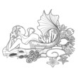 Graphic mermaid lies on the stone at the ocean sandy bottom among the coral reef plants and fish