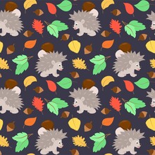 Autumn Pattern With Hedgehogs, Leaves, Acorns And Mushrooms. Forest Background With Animals And Plants. Dark Night Mat. Template For Wallpaper, Fabric, Packaging.