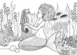 Graphic african mermaid sits on the sandy ocean bottom and plays with the seahorses