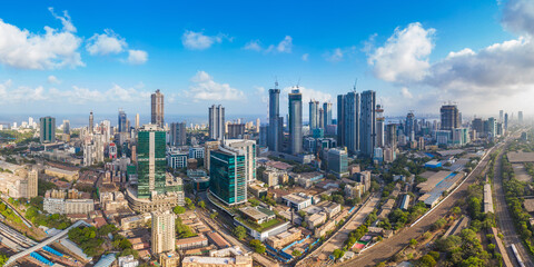 aerial panoramic view mumbai's lower parel skyline, with worli, prabhadevi, elphinstone, dadar and b