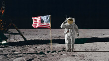 3D Rendering. Astronaut Saluting The American Flag. CG Animation. Elements Of This Image Furnished By NASA.