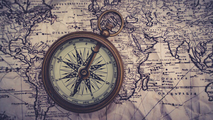 Canvas Print - Nautical Brass Compass On Map