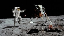 3D Rendering. Astronaut Jumping On The Moon. CG Animation. Elements Of This Image Furnished By NASA.