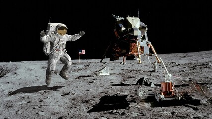 Wall Mural - 3d rendering. astronaut jumping on the moon. cg animation. elements of this image furnished by nasa.