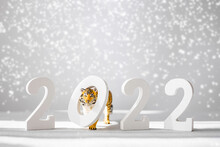 Number 2022 And Figurine Of Tiger Isolated On Grey Background With Snow. Tiger Symbol Of The Chinese New Year 2022.
