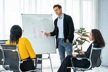 Team works together to come up with ideas and solutions, with multi-ethnic people working together.South African secretary and a Latin American woman work as a marketing staff and a male look laptop.
