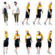 © sharplaninac - Collage of side and front view of nerdy and urban hip hop clothes men walking with various emotions. Full length people isolated on white background
