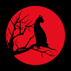 Wall Mural - isolated; animal; design; sticker; round; circle; branch; silhouette; outline; cat; sit; moon; full 