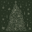 Christmas tree contour. The fluffy Christmas tree is decorated with ribbons, bows and Christmas toys.