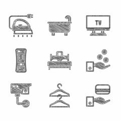 Poster - Set Bedroom, Hanger wardrobe, Digital door lock, Paying tips, Security camera, Remote control, Smart Tv and Electric iron icon. Vector