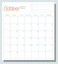October 2022 Calendar Month Planner With To Do List, Week Starts On Sunday, Template, Mock Up Calendar Leaf Illustration. Vector Graphic Page