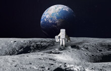 Astronaut On Surface Of Moon. Planet Earth On The Background. Apollo Space Program. Artemis Program. Elements Of This Image Furnished By NASA.