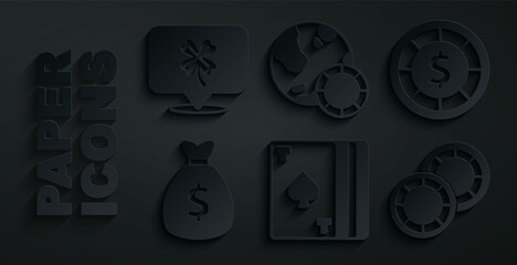 Wall Mural - Set Deck of playing cards, Casino chips, Money bag, and slot machine with clover icon. Vector