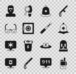 Sticker - Set Walkie talkie, Flasher siren, British police helmet, Safe, Safety goggle glasses, Thief mask and Telescopic baton icon. Vector