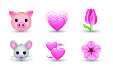 6 Emoticon Isolated On White Background. Isolated Vector Illustration. Pig, Pink Heart, Tulip, Mouse, Sakura Vector Emoji Illustration. Set Of 3d Objects Illustration In Pink Color.