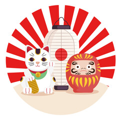 Wall Mural - lucky cat lantern and daruma