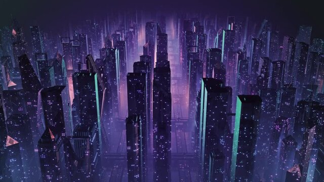 Wall Mural - Futuristic night city flythrough seamless loop. 80s retrowave 3D animation of a retro cityscape with low poly skyscrapers and glowing neon lights. Mesmerizing cyberpunk and sci-fi vj loop. 4k 60 fps