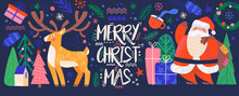 Cute Colorful Merry Christmas Postcard On Dark Background. Invitation With Forest, Santa Claus, Deer, Christmas Tree And Pine. Template For Poster And Postcard. Flat Cartoon Vector Illustration