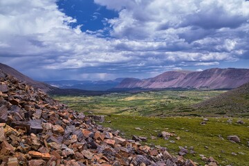 Landscape views from Kings Peak panorama in Uintah Rocky Mountains from Henry’s Fork hiking trail in summer, Ashley National Forest, High Uintas Wilderness, Utah. United States. USA