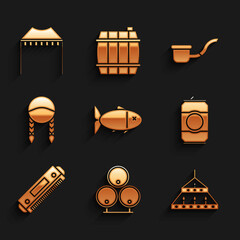 Canvas Print - Set Fish, Wooden barrels, Massive steel chandelier, Beer can, Harmonica, Braid, Smoking pipe and Camping tent icon. Vector