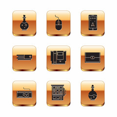 Wall Mural - Set Bottle with magic elixir, Computer keyboard, Slot machine, Cartridge, Video game console, Mobile and playing, and mouse icon. Vector