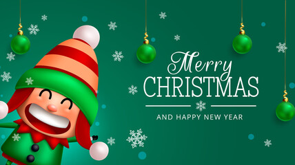 Christmas elf vector background design. Merry christmas text with cute and friendly elf kid character in waving pose for xmas holiday greeting card. Vector illustration.
