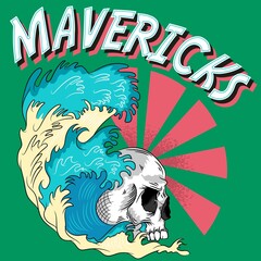 skull with waves surf style and text green background