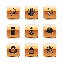 Wall Mural - Set Sliced lime, Beans, Tequila bottle, Mexican man sombrero, Salt, Cactus, Sun and icon. Vector