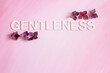 The word, GENTLENESS, spelled in capital letters written horizontally with hydrangea flowers; the word, GENTLENESS, placed on a pink painterly background with room for text