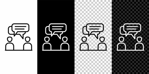 Sticker - Set line Two sitting men talking icon isolated on black and white, transparent background. Speech bubble chat. Message icon. Communication or comment chat symbol. Vector