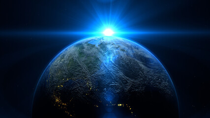 blue sunrise and shadow on the earth rotate in space with star in universe. world realistic atmosphe