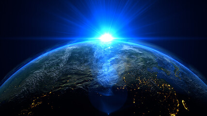 Wall Mural - blue sunrise and shadow on the earth rotate in space with star in universe. world realistic atmosphe
