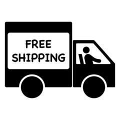 Free shipping text on delivery truck icon. Store promotion black banner isolated on white background. Vector illustration.