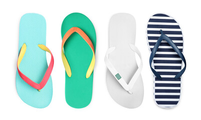 Wall Mural - Set with different flip flops on white background, top view